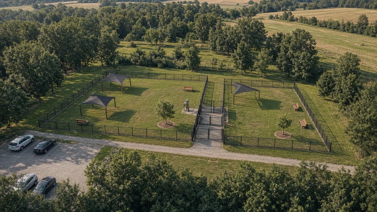Aerial view of a finished community dog park with two yards, trees, and paths.