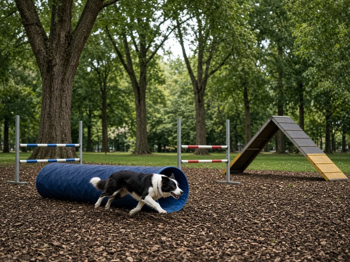 A dog using simple outdoor agility equipment.