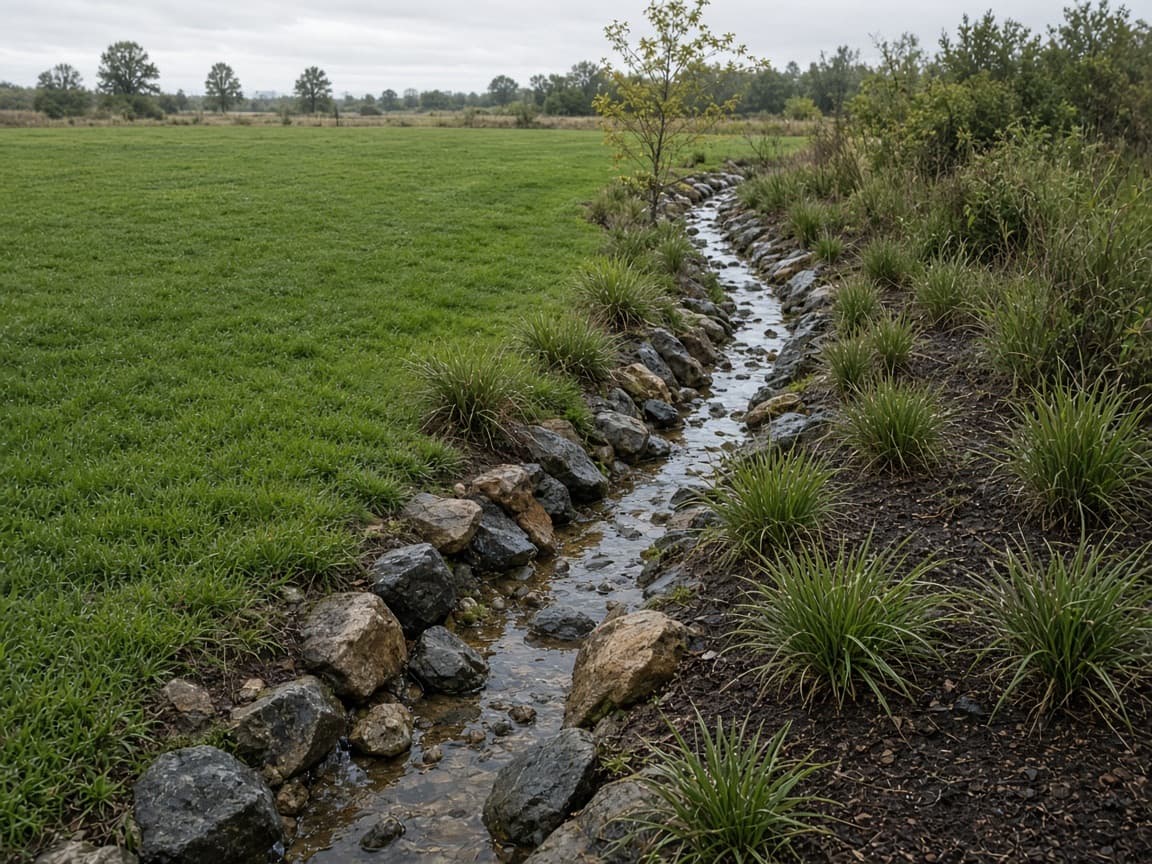 A drainage line and wet ground along a park field.