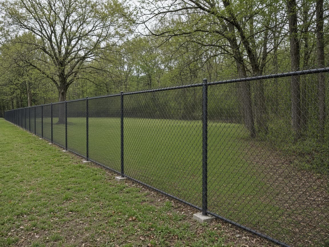 Chain-link fencing around a grassy park.