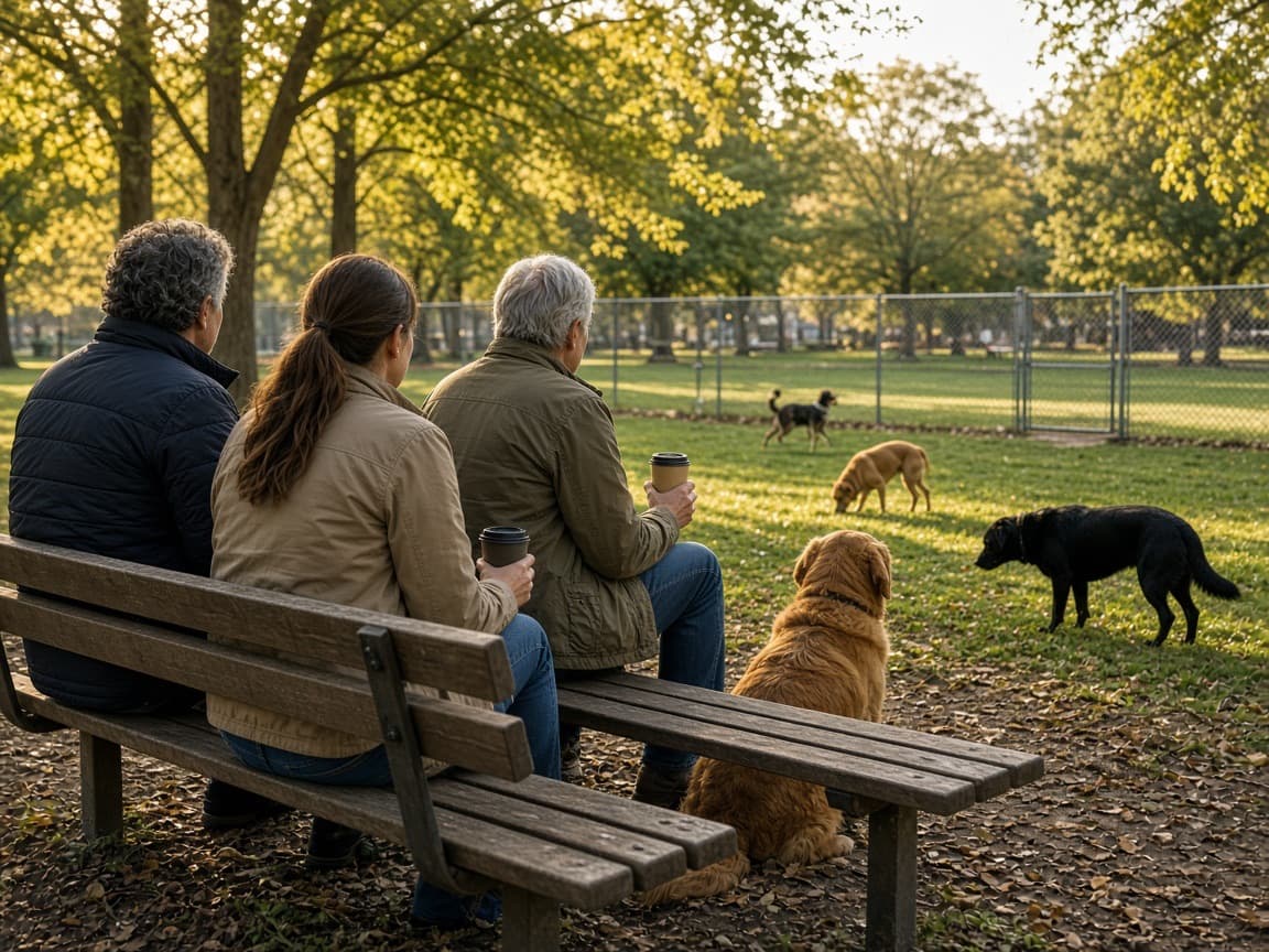 People sitting on park benches while dogs rest nearby.