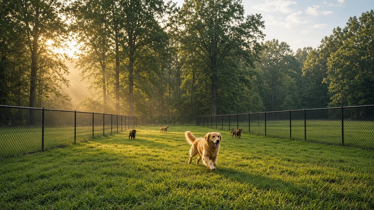 Dogs running in a grassy park at the edge of the woods.