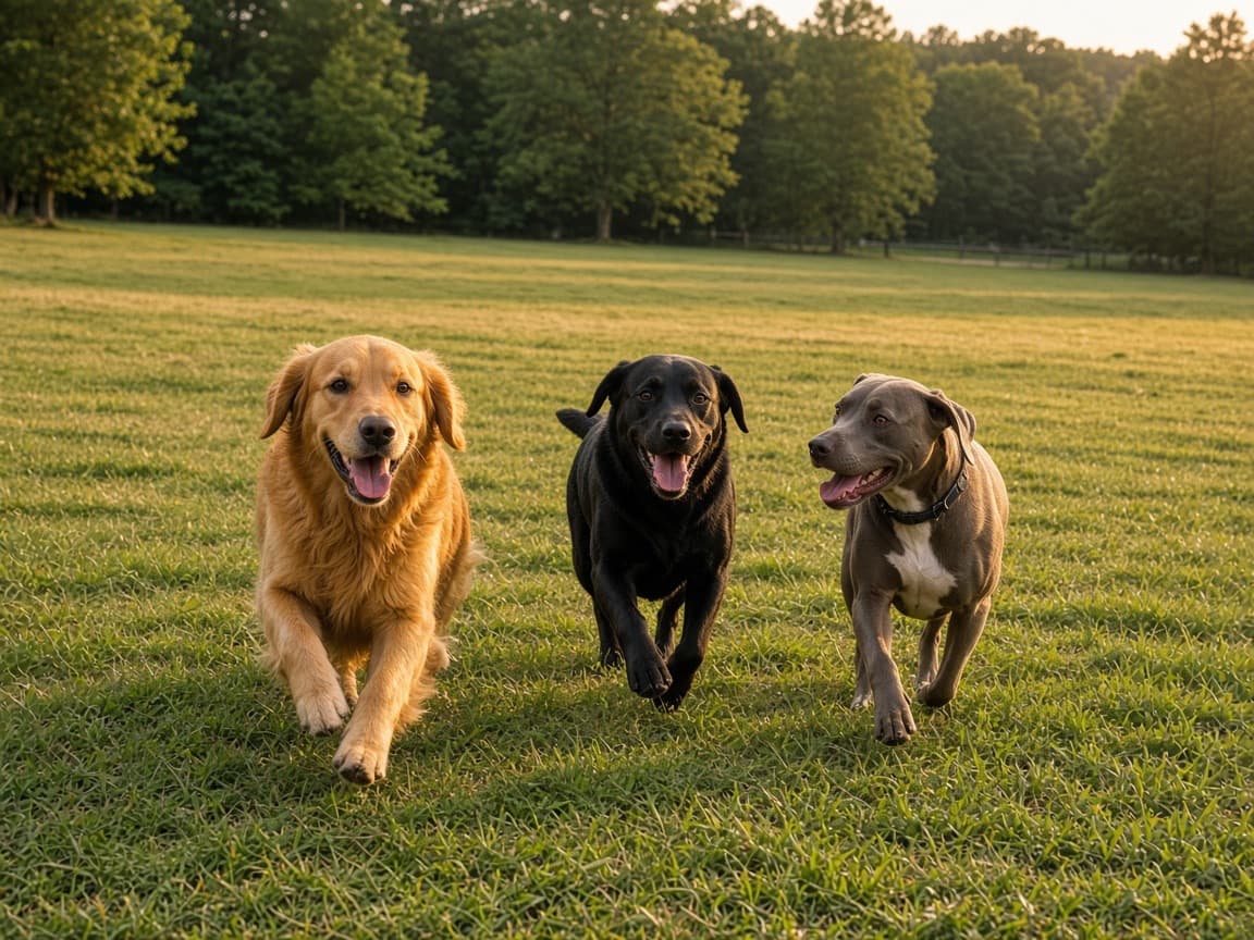 Dogs running across an open grassy park.