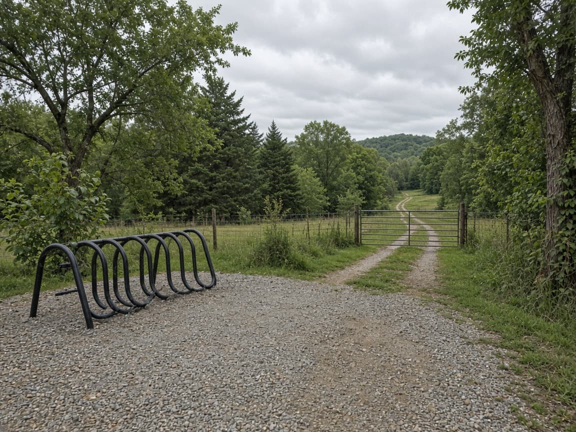 A bicycle rack and gravel parking pull-off at a park entrance.