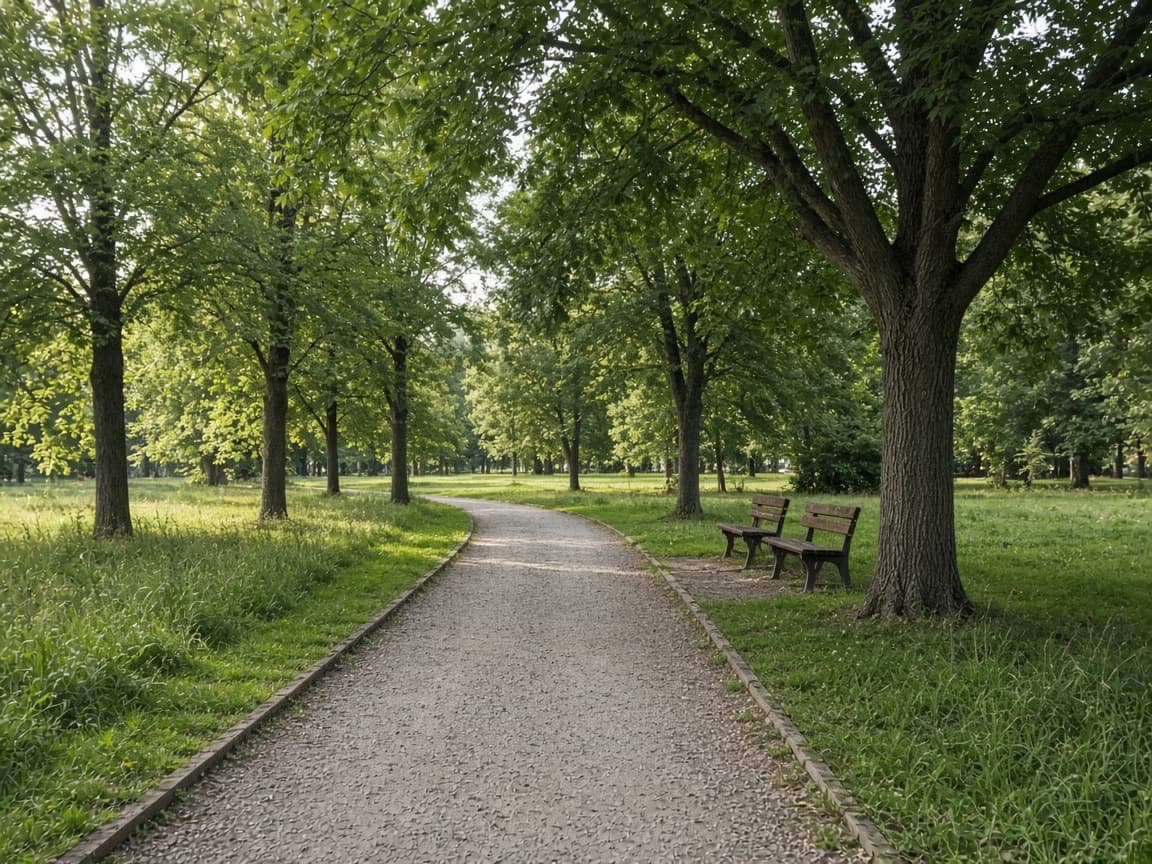 A gravel walking path through a park.