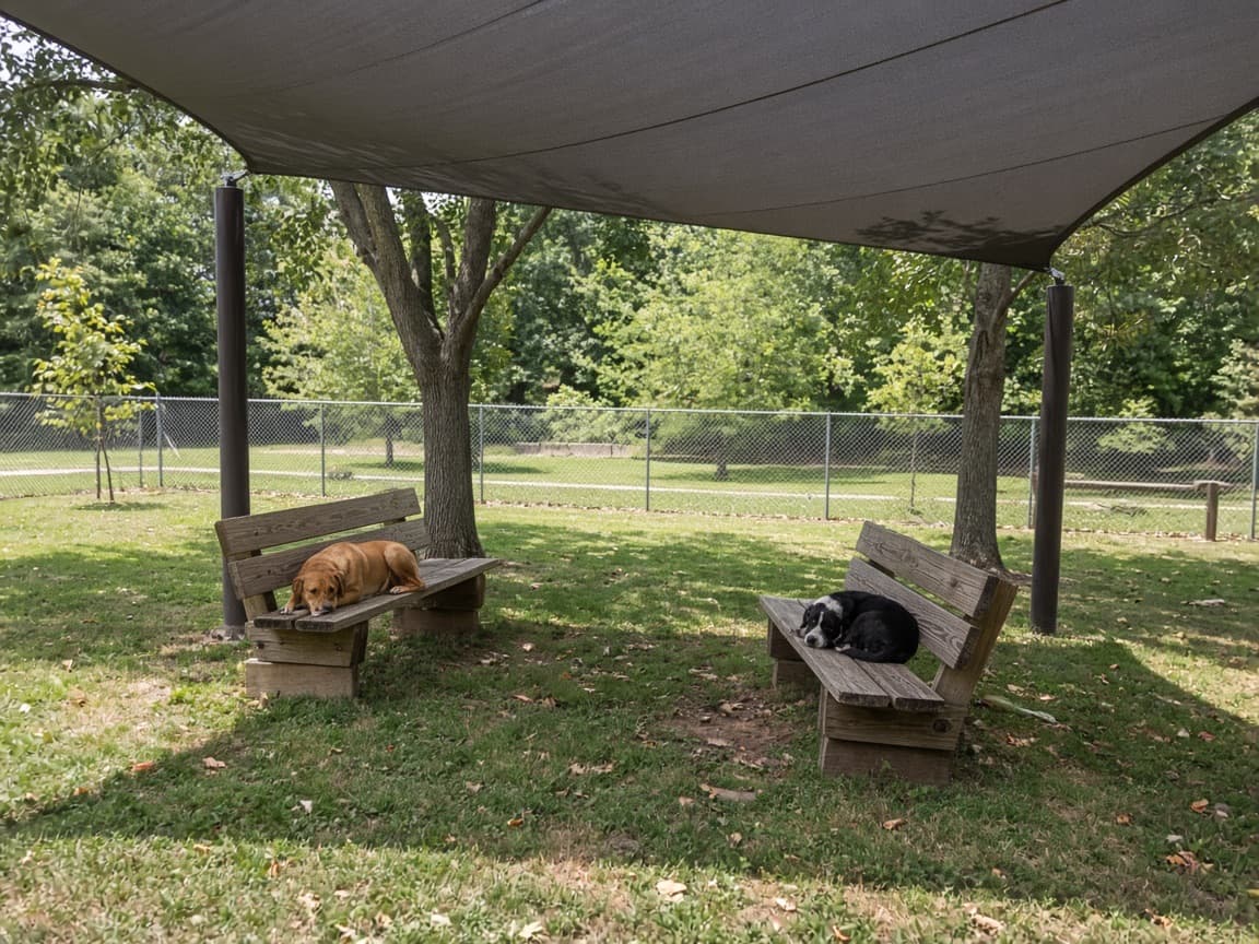 A shade sail over benches in a dog park.