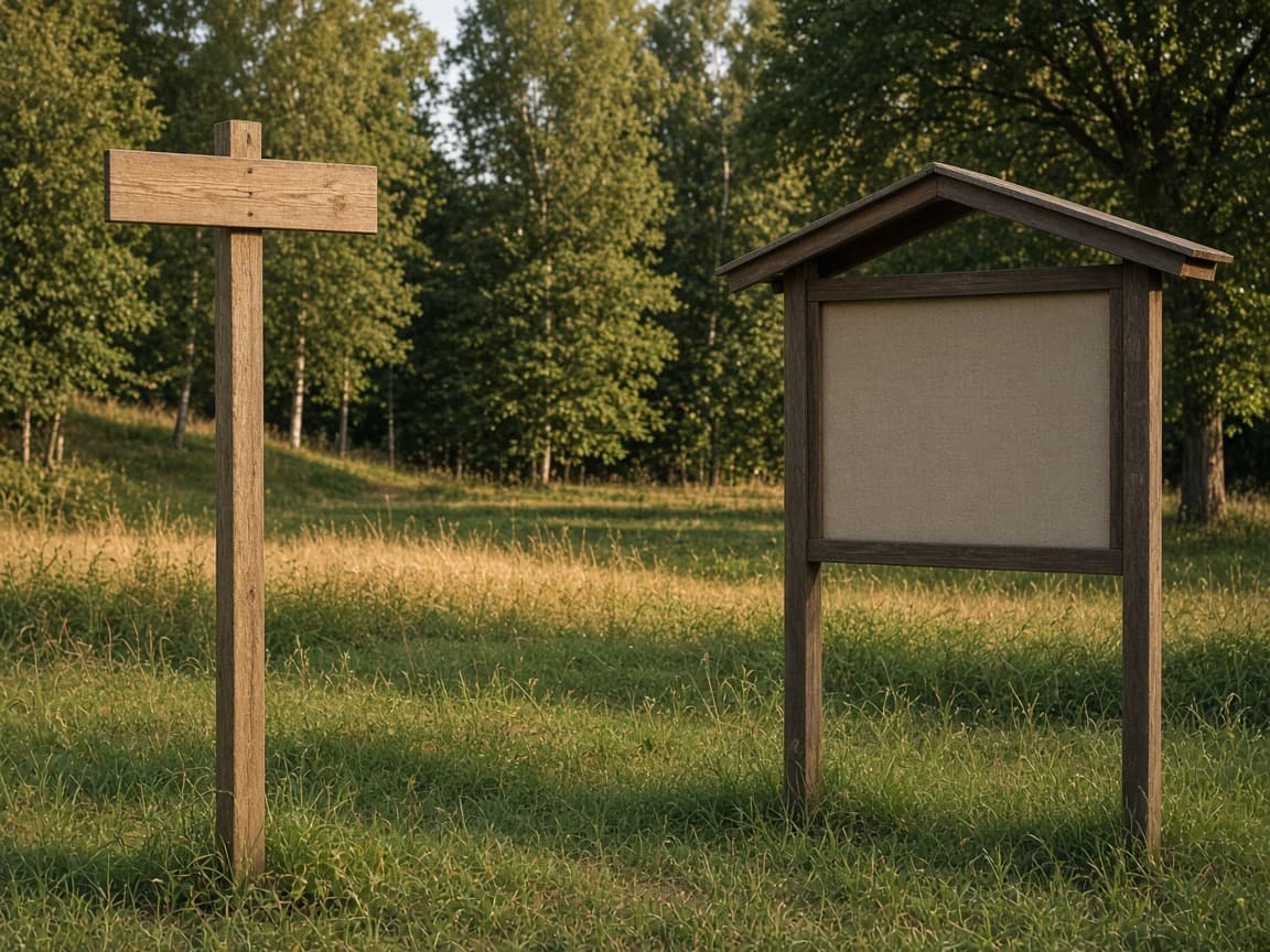 A wooden park sign post near a bulletin board.