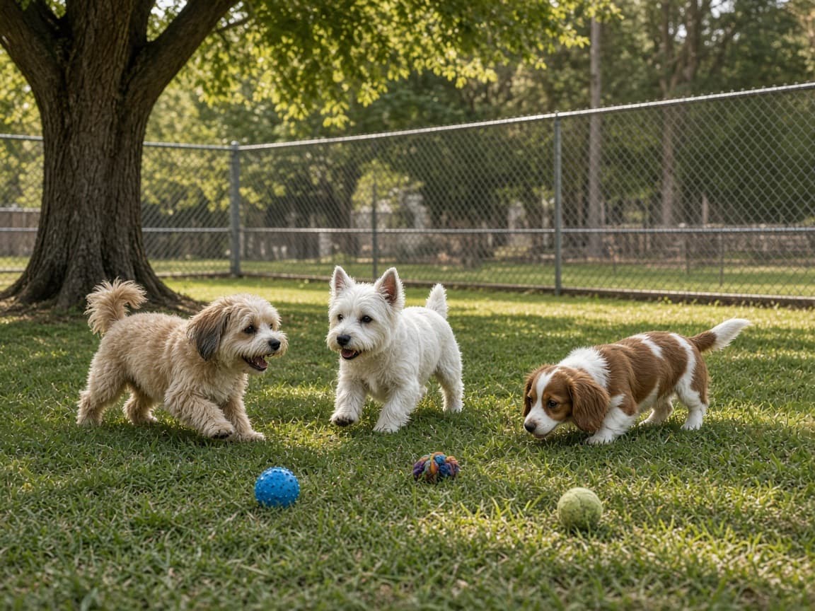 Small dogs playing in a separate fenced yard.