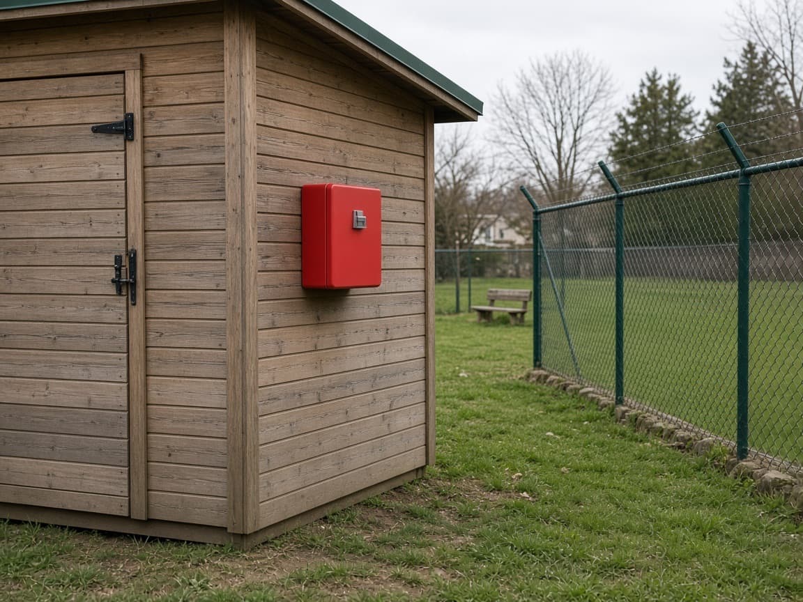 A small wooden storage shed at the edge of a park.