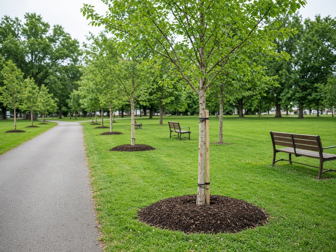 Young shade trees planted along a park path.