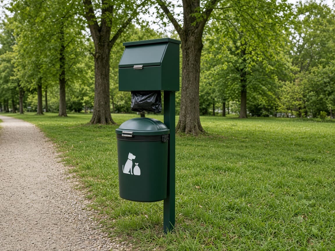 A dog-waste bag station beside a park path.