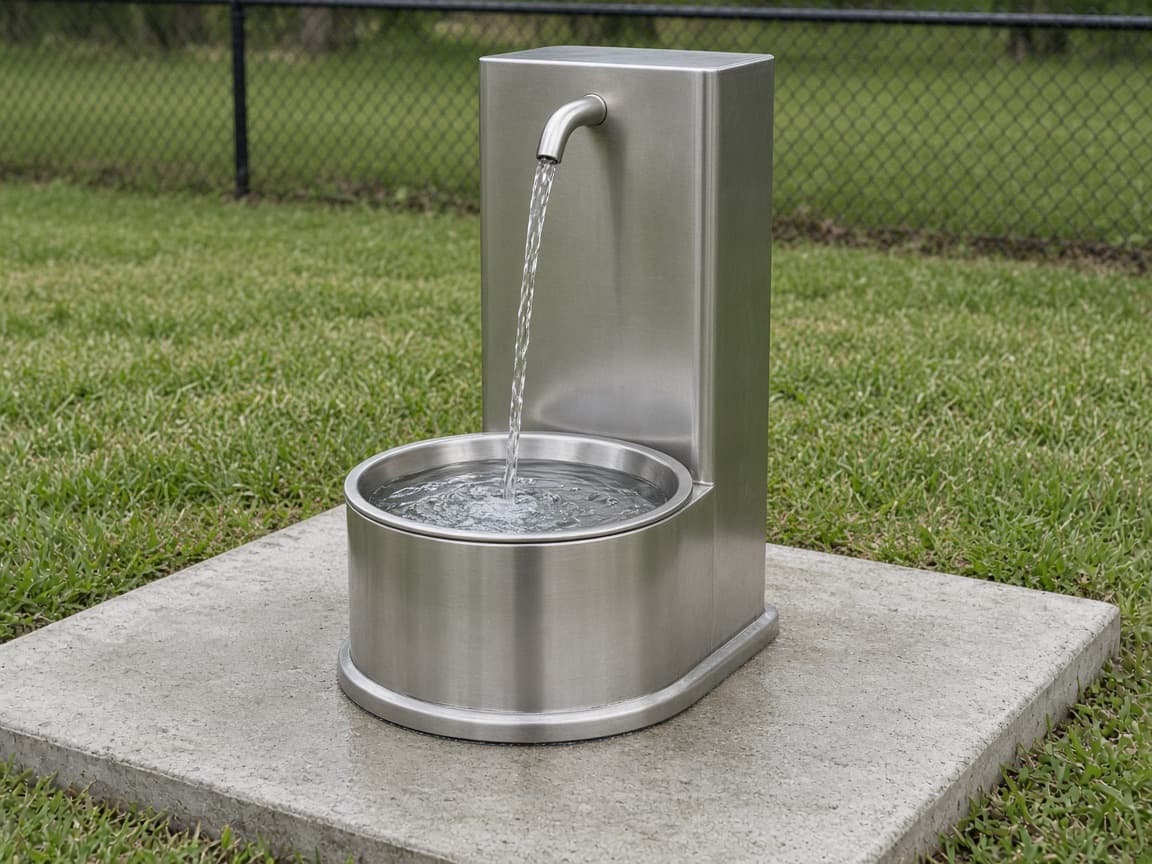 A dog drinking from a park water station.