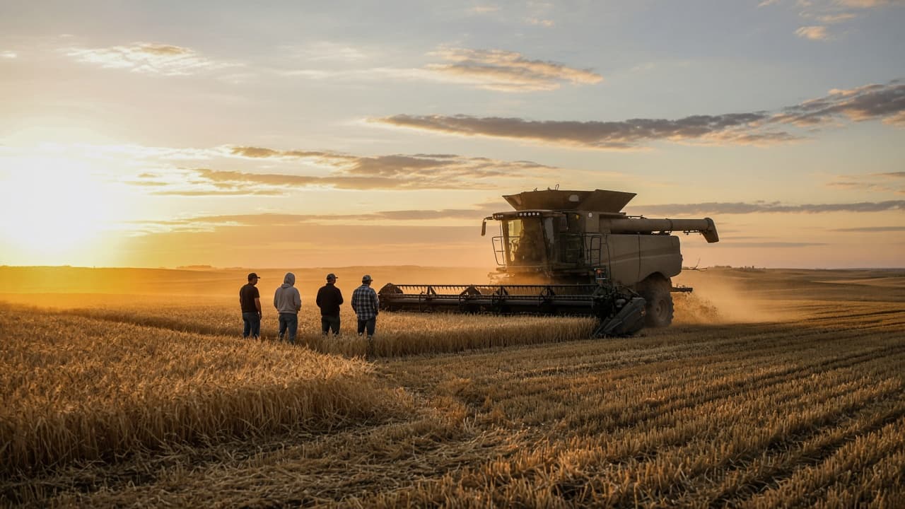 A harvest crew at sundown. Illustration, not a family we visited.