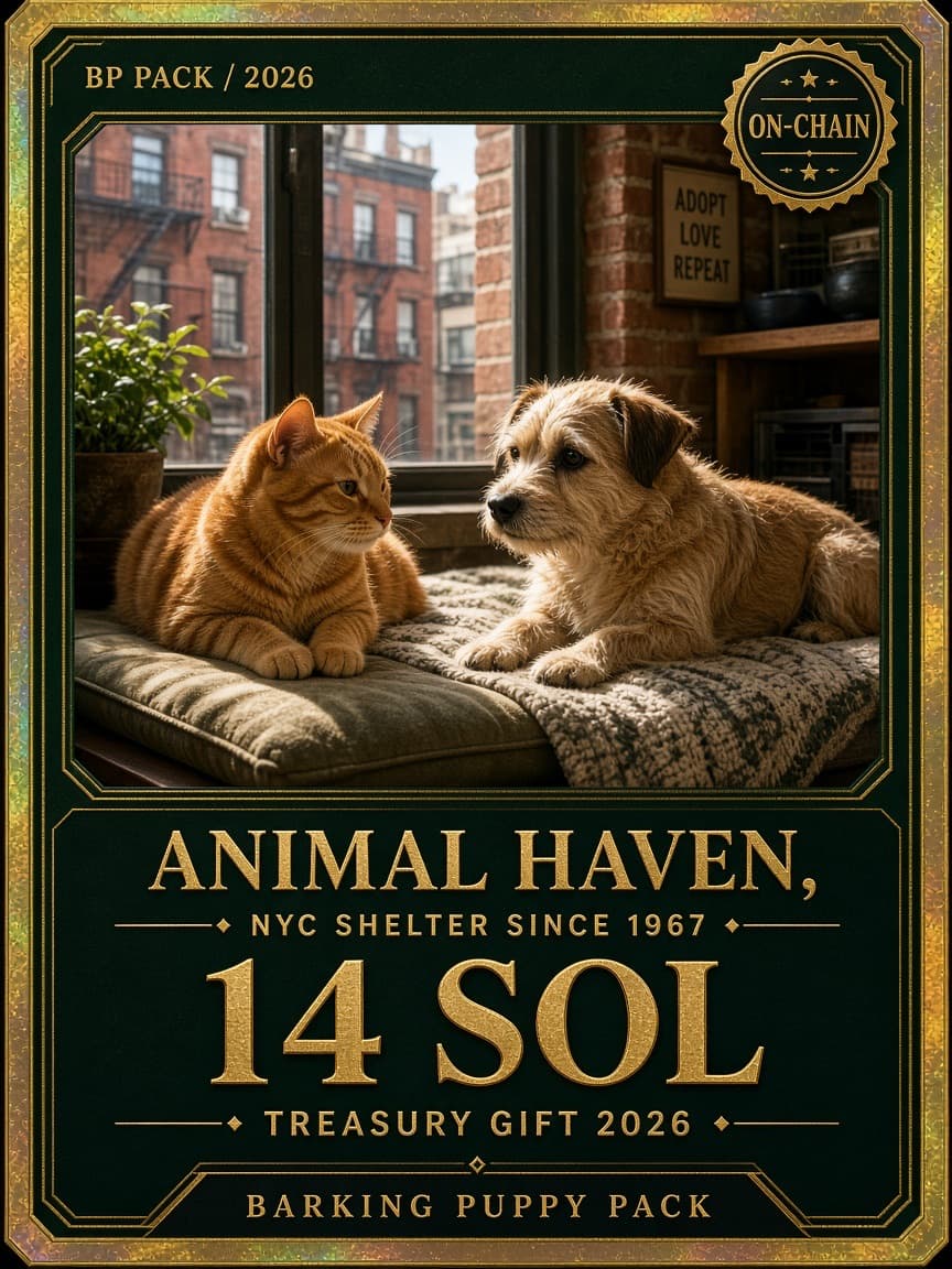 Collector card. A cat and a small dog in a sunlit shelter window. Animal Haven. 14 SOL. Barking Puppy Pack.