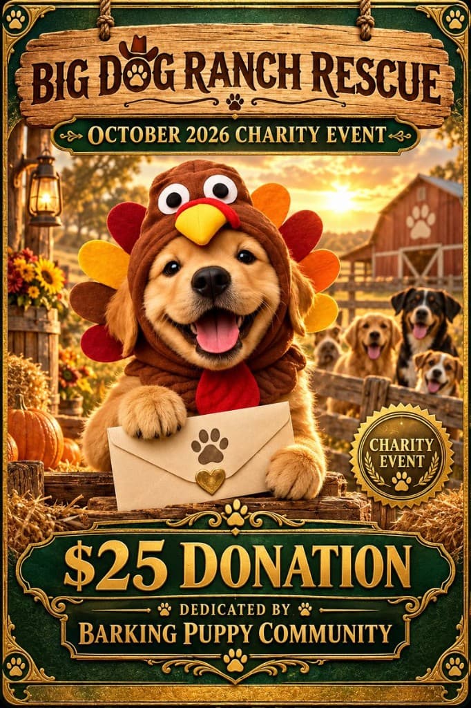 October 2026 poster. A puppy in a turkey hat holding an envelope. $25 donation dedicated by the Barking Puppy Community. Big Dog Ranch Rescue.