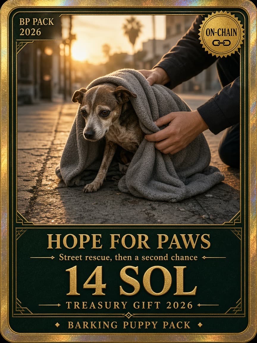 Collector card. A street dog wrapped in a blanket. Hope For Paws. 14 SOL. Barking Puppy Pack.