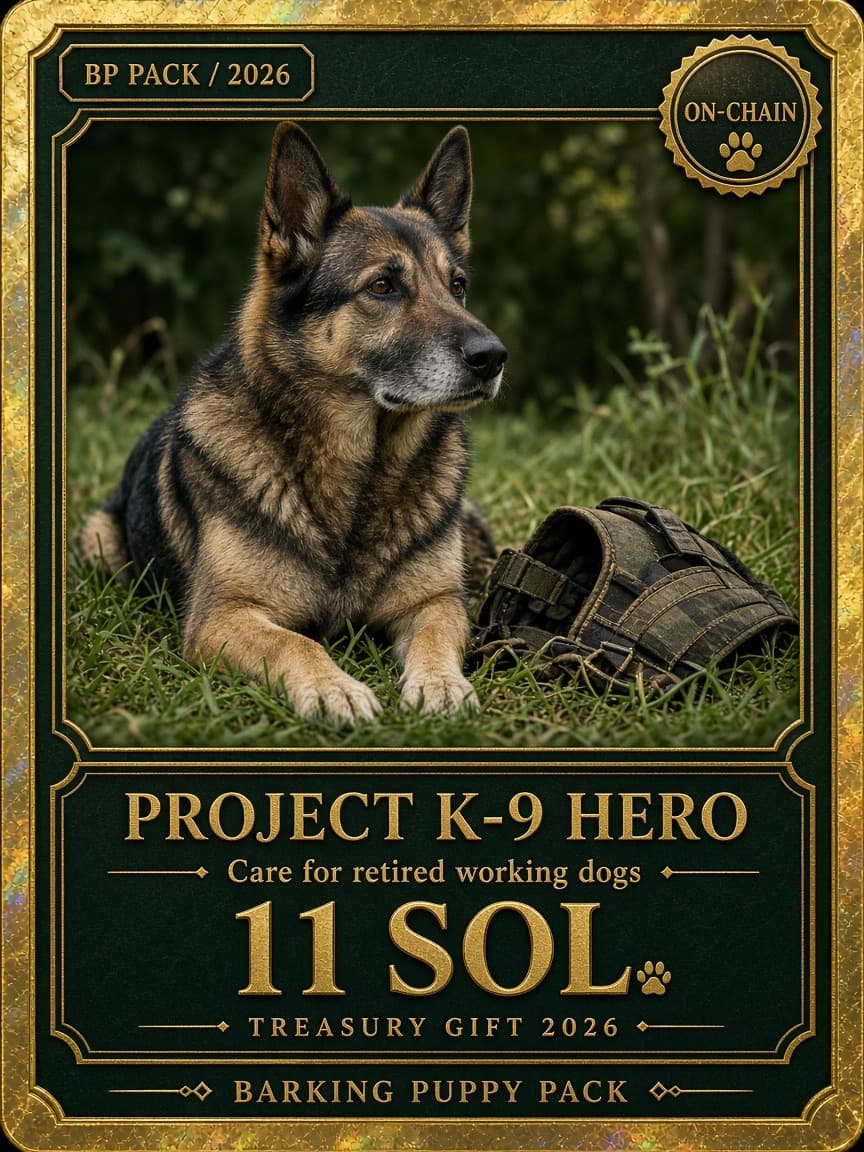 Collector card. A retired German shepherd working dog in the grass. Project K-9 Hero. 11 SOL. Barking Puppy Pack.