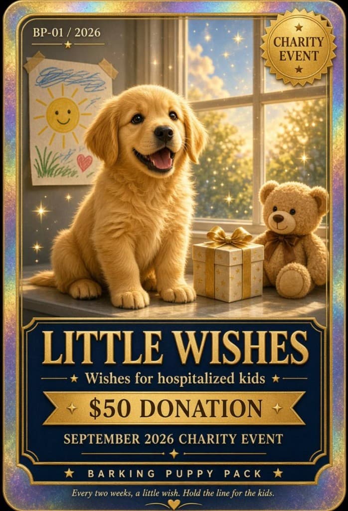Little Wishes collector card. BP-01 / 2026. $50 donation. Barking Puppy Pack.